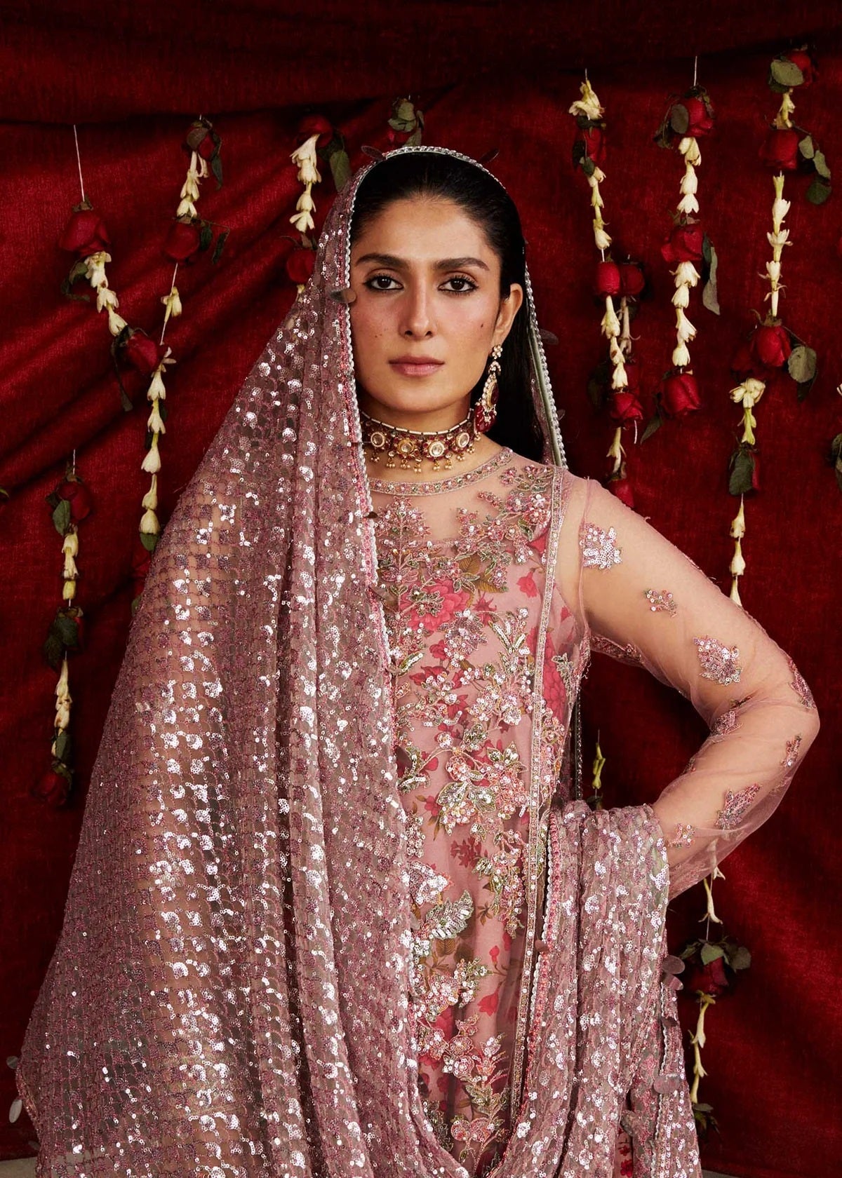Hussain Rehar Sham Luxury Net Embroidered 3Pc Unstitched Suit Dusty Pink