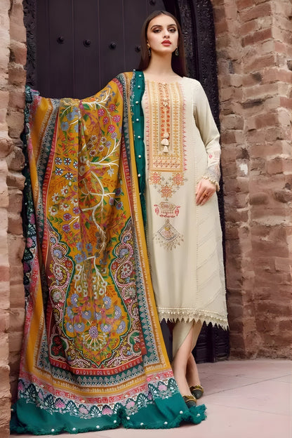 Maria B - 3PC Unstitched Dhanak Embroidered Shirt with Digital Printed Dupatta and Trouser