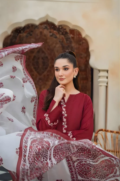 ZIVA - 3PC Unstitched Khaddar Embroidered Shirt with Tissue Silk Dupatta and Plain Trouser
