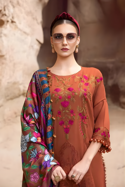 Maria B - 3PC Unstitched Dhanak Embroidered Shirt with Digital Printed Dupatta and Trouser
