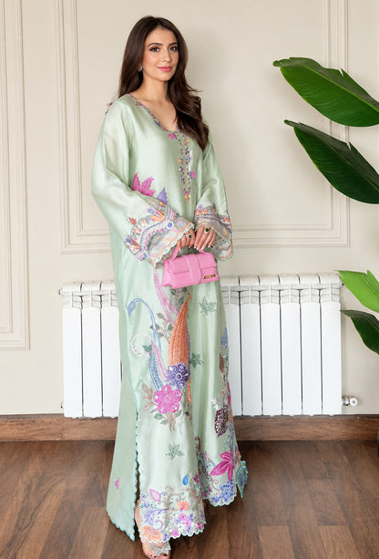 Zinnia Fatima Mustafa - Minal Mint Luxury Embroidered Sheesha Silk 3Pc Unstitched Kaftan Suit