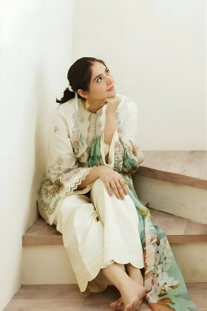 Zara Shah Jahan - 3PC Unstitched Lawn Embroidered Shirt with Digital Printed Silk Dupatta and Embroidery Trousers