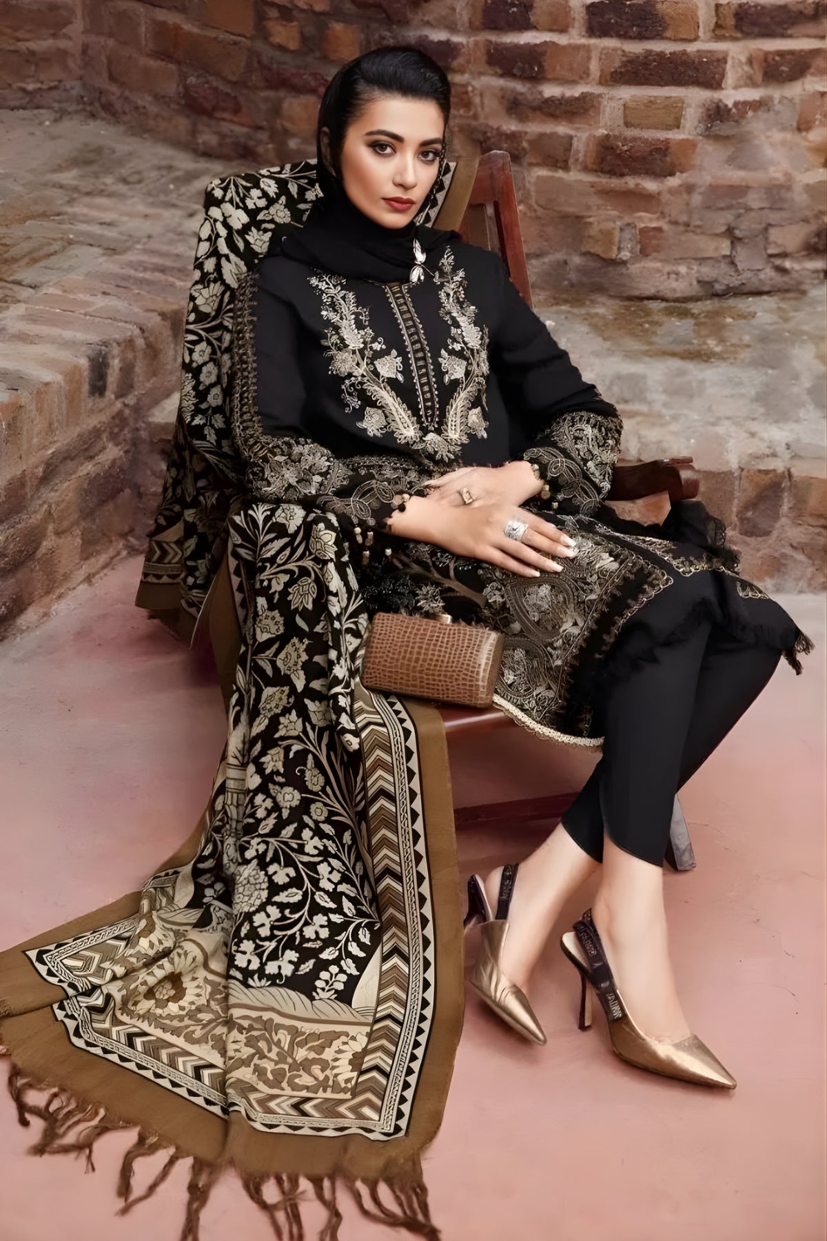 Maria B - 3PC Unstitched Dhanak Embroidered Shirt with Digital Printed Dupatta and Trouser