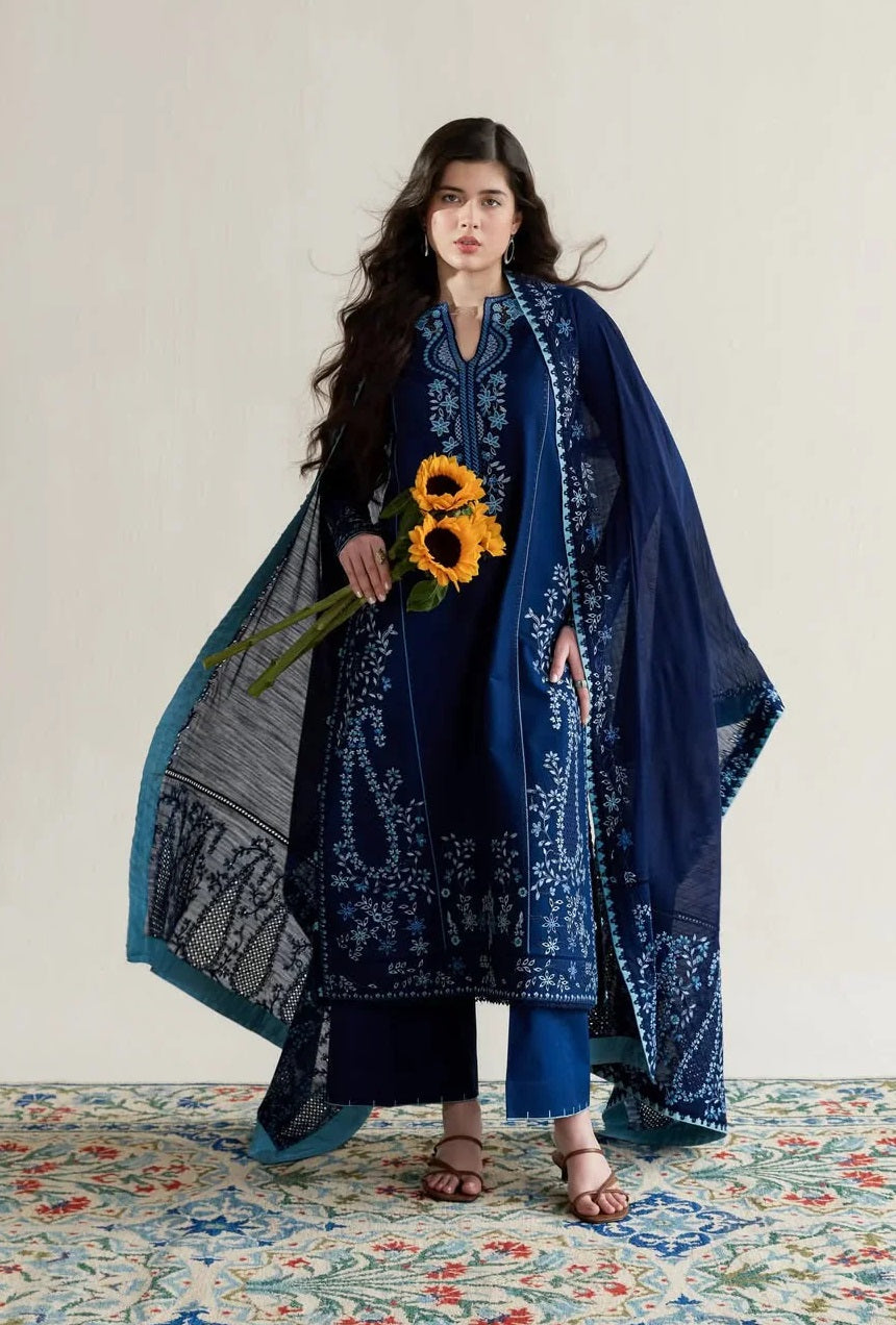 Pakeeza Dark Blue Luxury Embroidered Lawn 3Pc Unstitched Suit