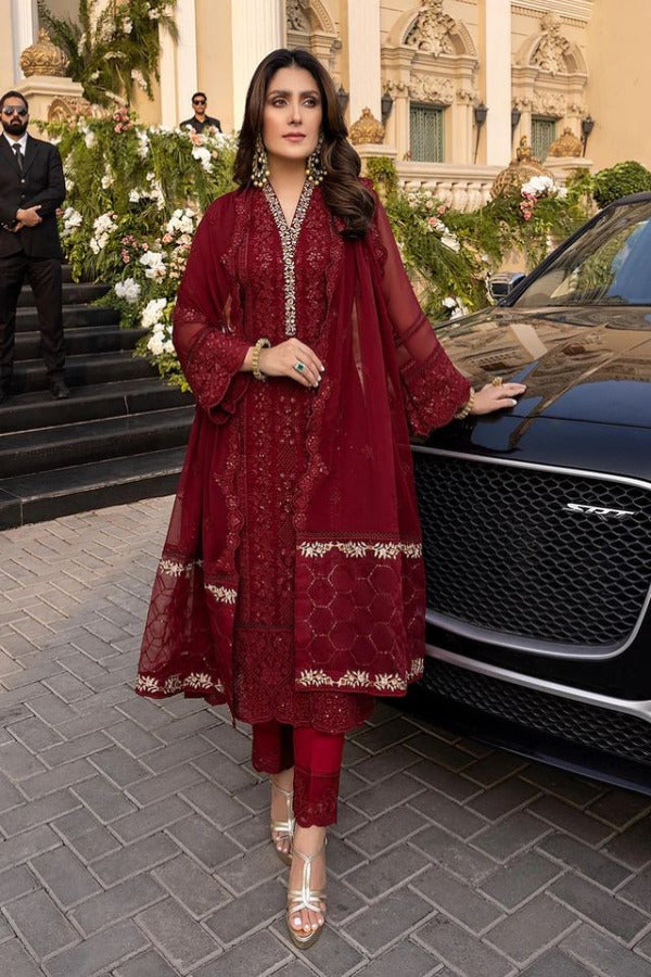 Azure Embroidered Chiffon Suits Unstitched 3 Piece VIBRANT RUBY - Luxury Collection
