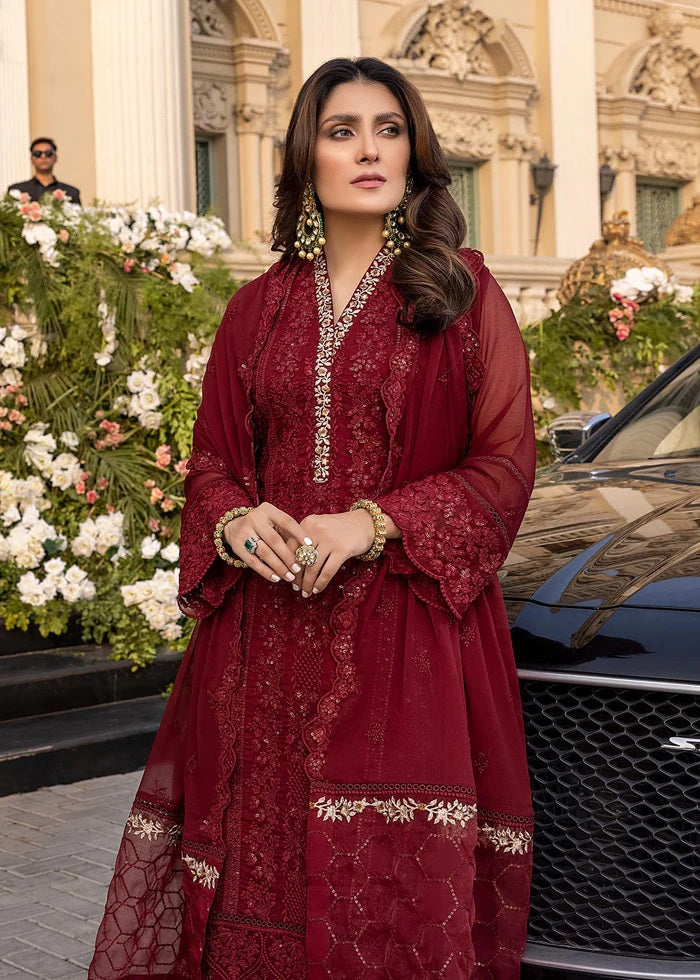 Azure Embroidered Chiffon Suits Unstitched 3 Piece VIBRANT RUBY - Luxury Collection