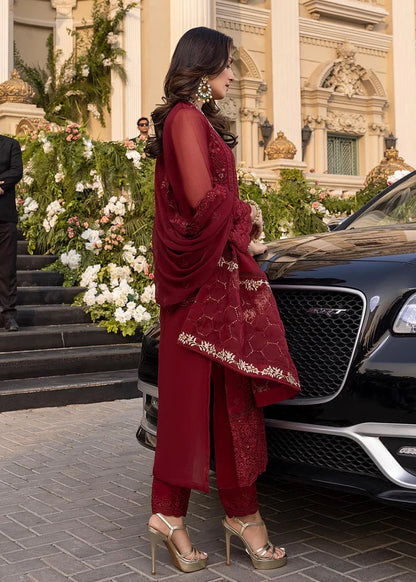 Azure Embroidered Chiffon Suits Unstitched 3 Piece VIBRANT RUBY - Luxury Collection
