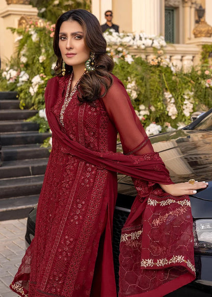 Azure Embroidered Chiffon Suits Unstitched 3 Piece VIBRANT RUBY - Luxury Collection