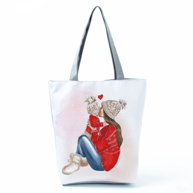 Cute Cartoon Super Mama Print Tote Bag Travel Shoulder