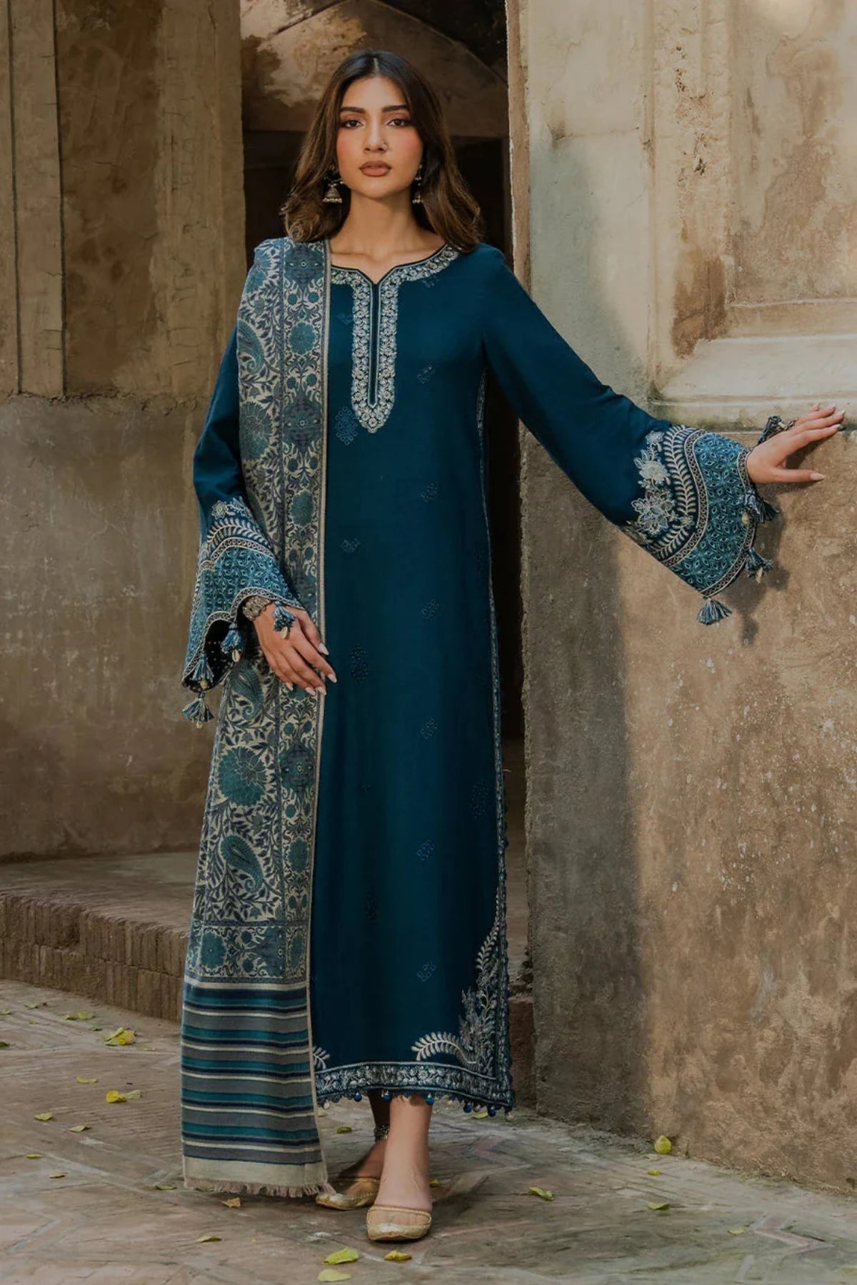 Izel - 3PC Unstitched Dhanak Embroidered Shirt with Digital Printed Twill Pashmina Dupatta and Trouser