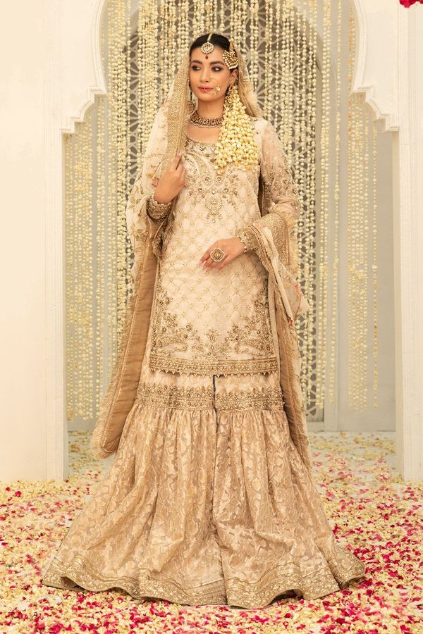 Maria.B Couture Ivory Gold Luxury Chiffon Embroidered 3Pc Unstitched Suit Fully Hand Work