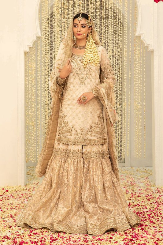 Maria.B Couture Ivory Gold Luxury Chiffon Embroidered 3Pc Unstitched Suit Fully Hand Work