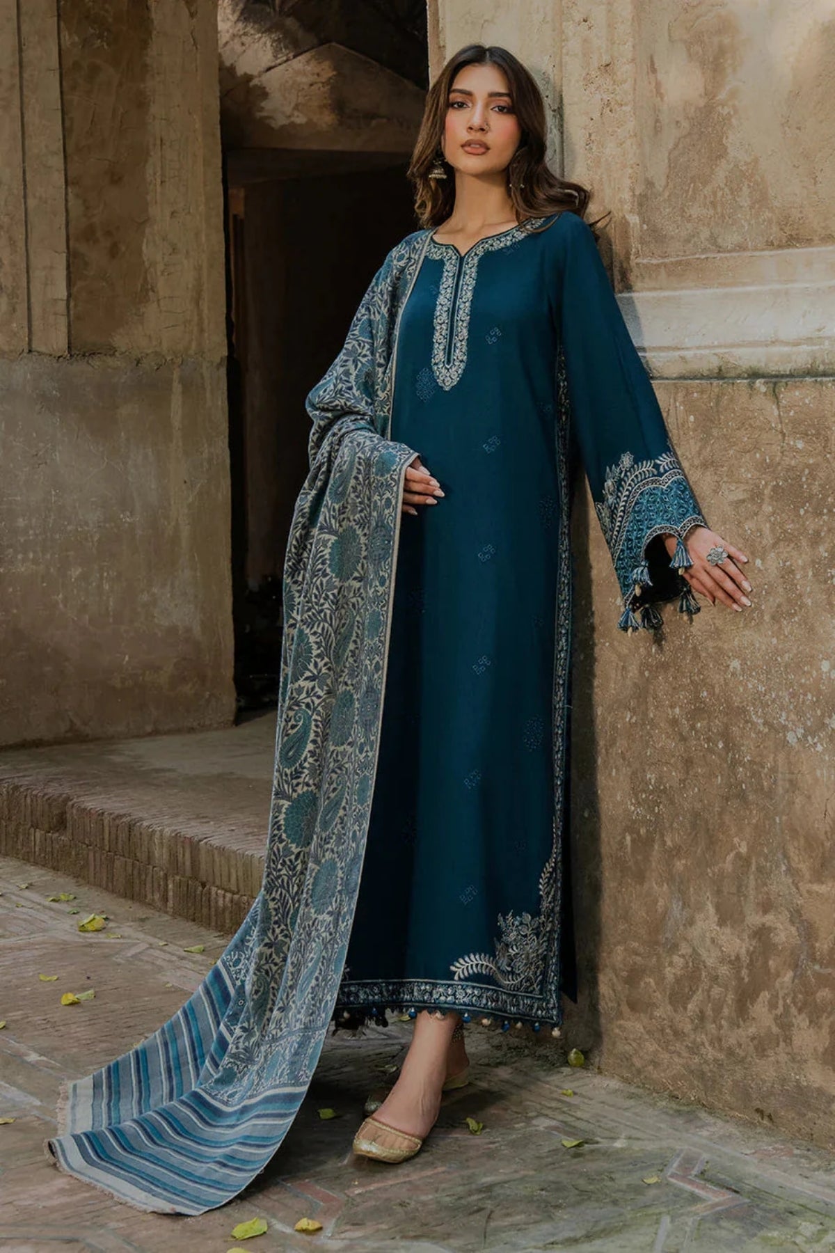 Izel - 3PC Unstitched Dhanak Embroidered Shirt with Digital Printed Twill Pashmina Dupatta and Trouser
