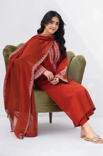 Rozana - 3PC Lawn Embroidered Shirt with Embroidered Chiffon Dupatta (Unstitched)