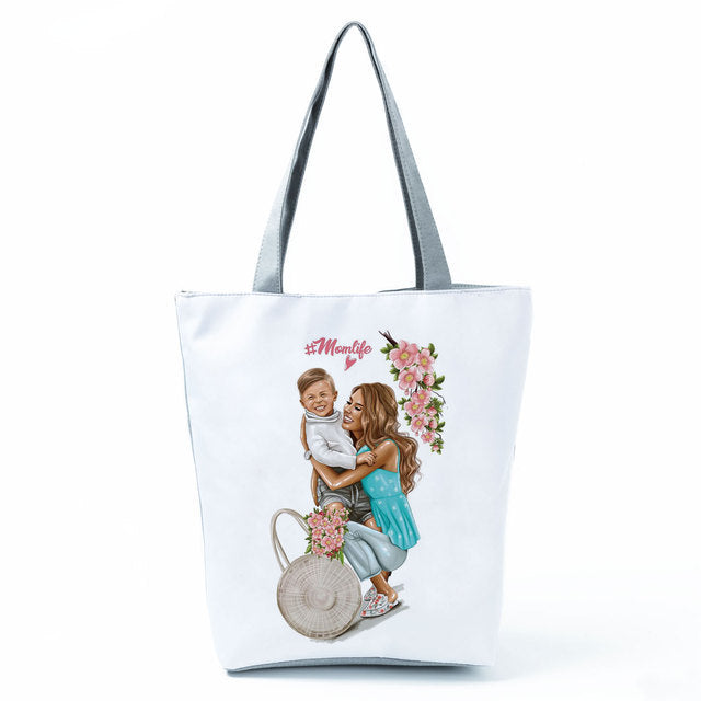 Cute Cartoon Super Mama Print Tote Bag Travel Shoulder