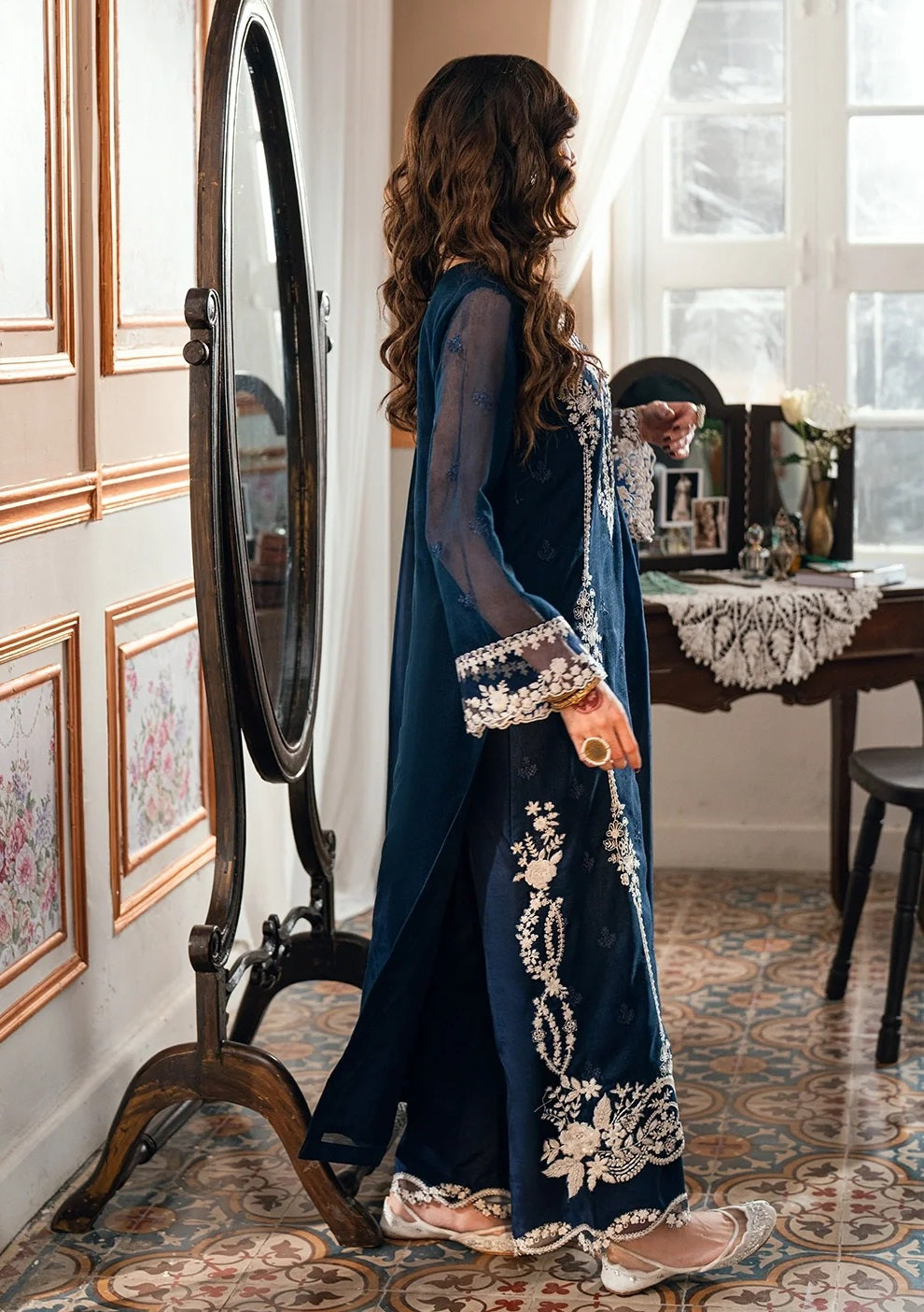Azure Stellar Blue Luxury Chiffon Embroidered 3Pc Unstitched Suit
