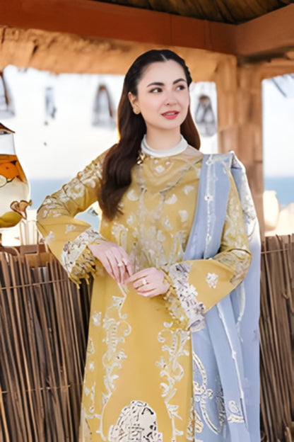 3PC Unstitched Lawn Chicken Kari Embroidered Shirt with Printed Slub Net Dupatta with Embroidered Patch
