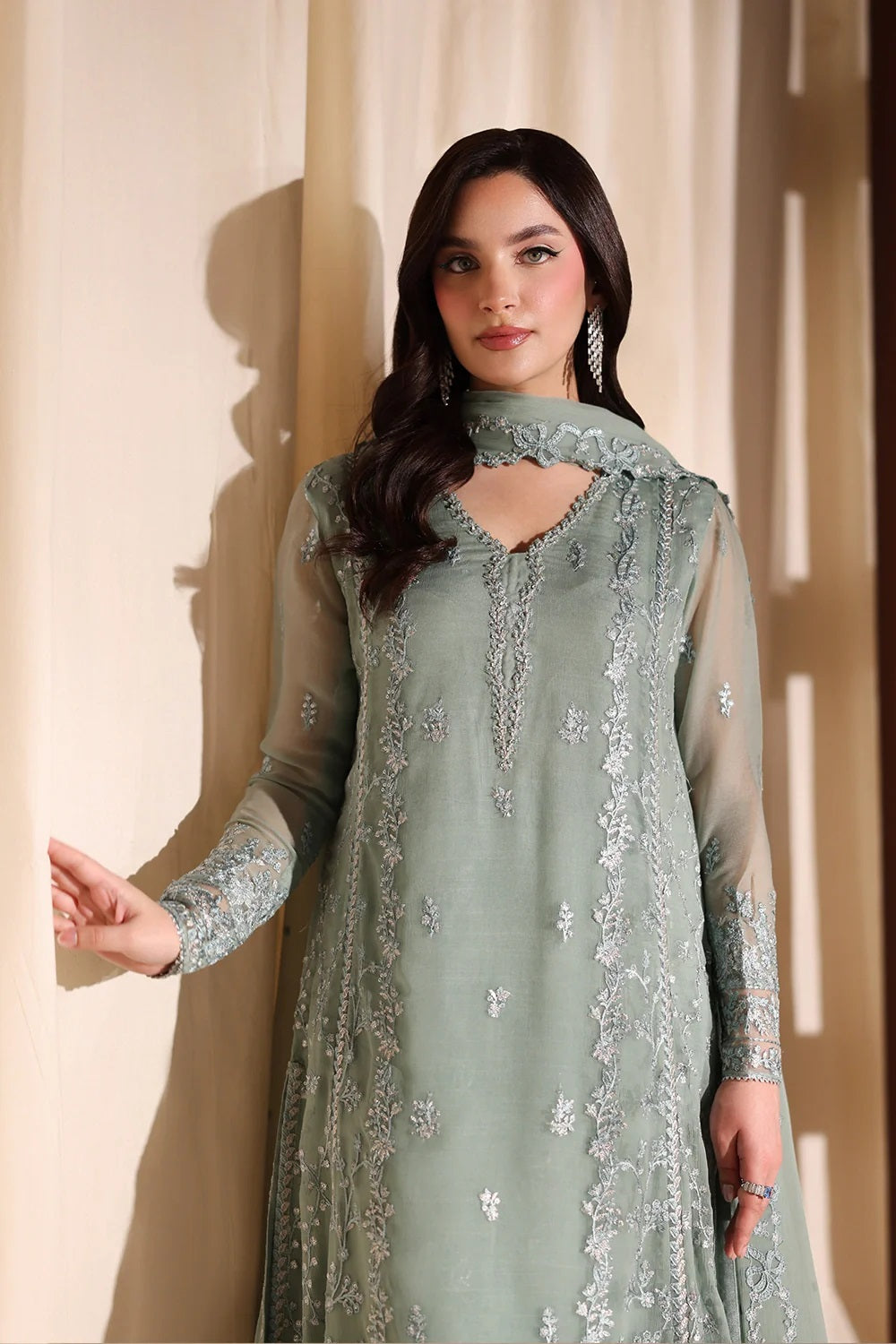 Azure Luxury Embroidered Chiffon Unstitched 3Pc Suit Satin Sage
