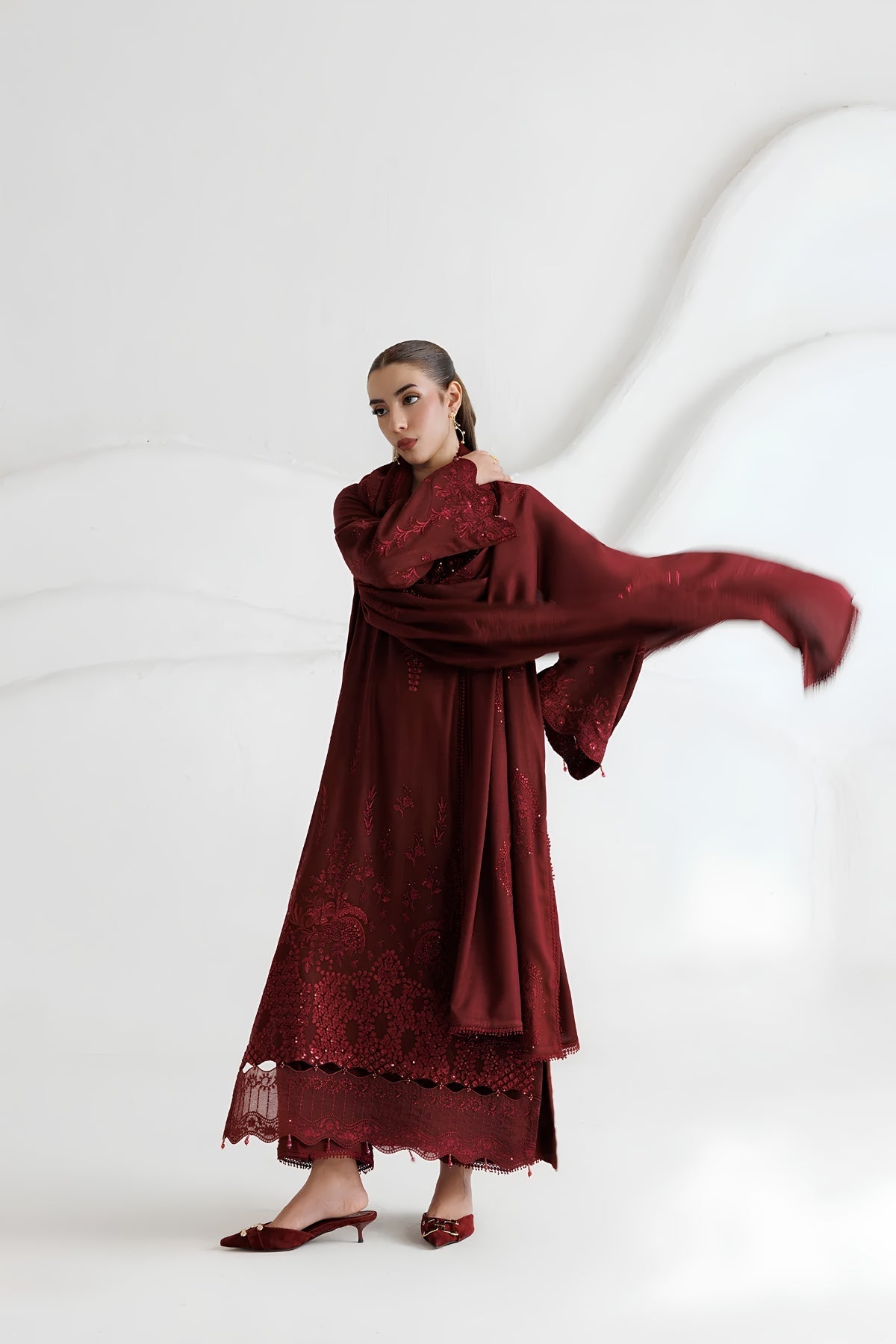Daria - 3PC Unstitched Dhanak Embroidered Shirt with Dhanak Embroidered Dupatta and Trouser