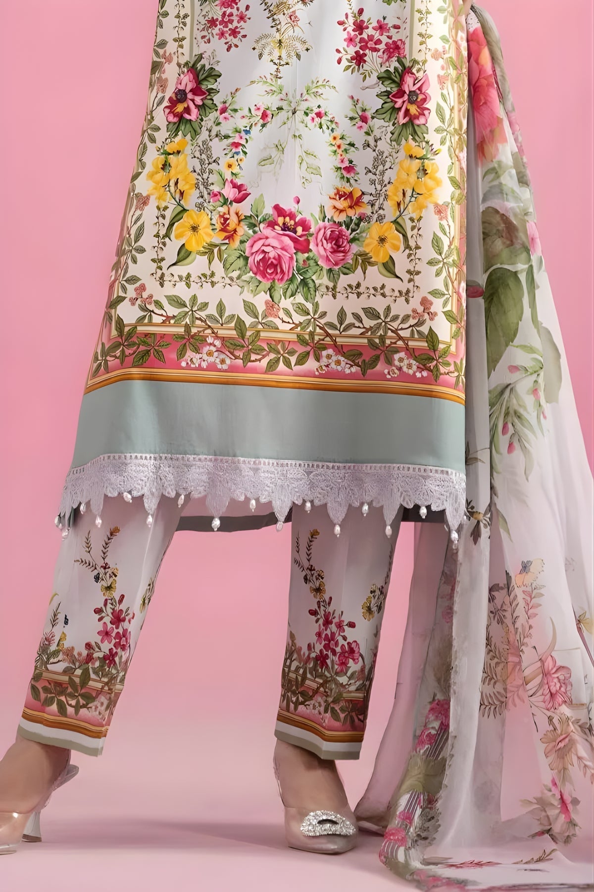 Maria B - 3PC All Over Printed Banadora Lawn Shirt with Printed Voil Dupatta (Unstitched)