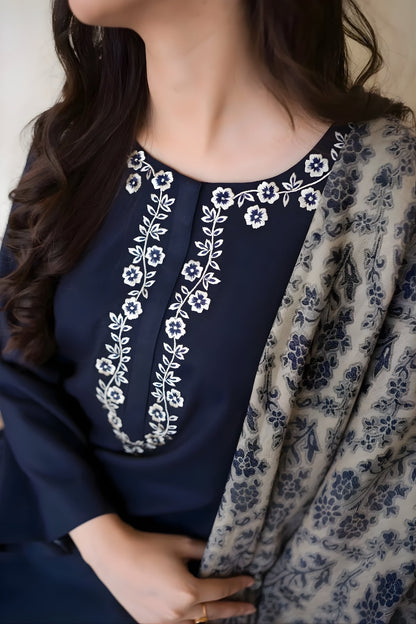 Aisling - 3PC Unstitched Dhanak Embroidered Shirt with Printed Dupatta and Trouser