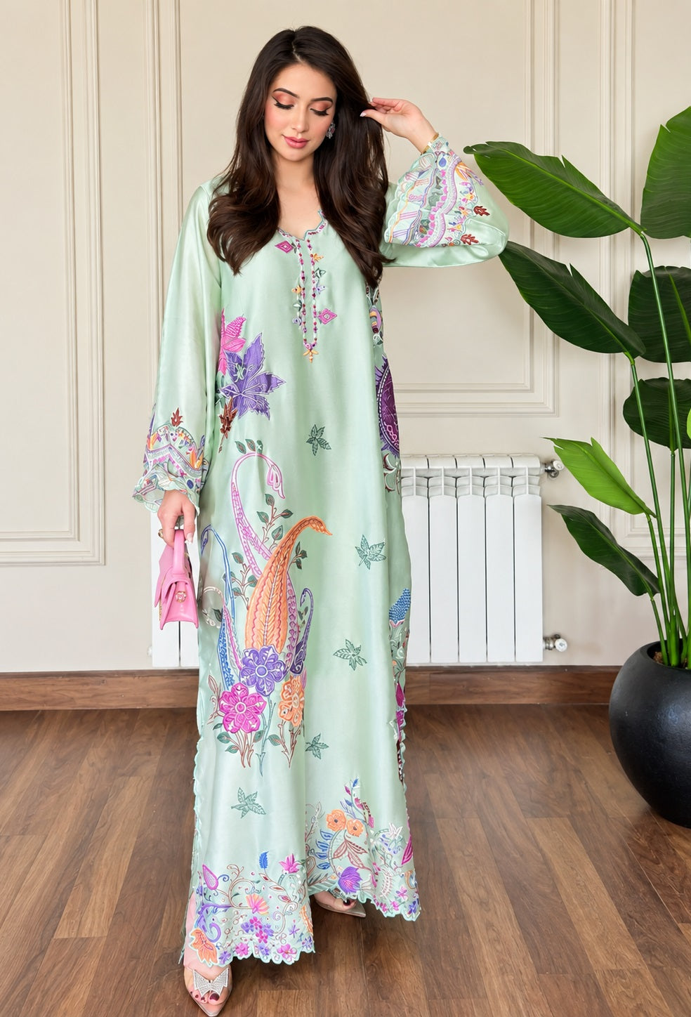 Zinnia Fatima Mustafa - Minal Mint Luxury Embroidered Sheesha Silk 3Pc Unstitched Kaftan Suit