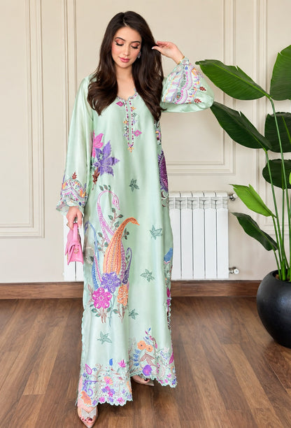 Zinnia Fatima Mustafa - Minal Mint Luxury Embroidered Sheesha Silk 3Pc Unstitched Kaftan Suit