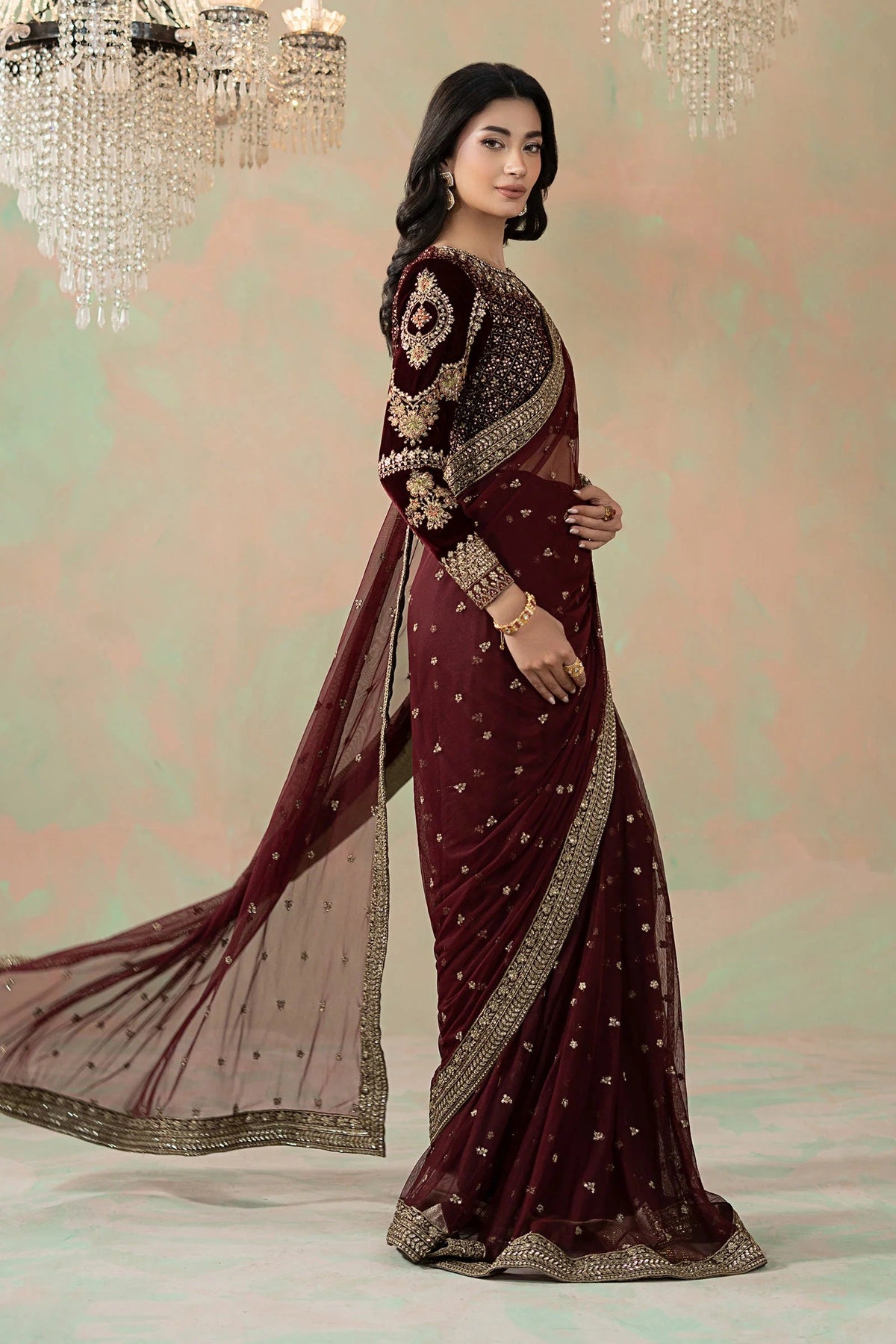 Maria B 11R1 - Maroon Luxury Net Embroidered 3Pc Unstitched Sari