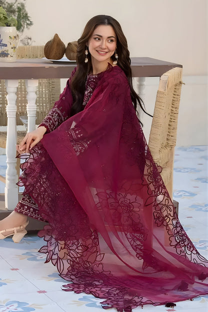 Allys - 3PC Lawn Embroidered Shirt with Embroidered Organza Dupatta (Unstitched)