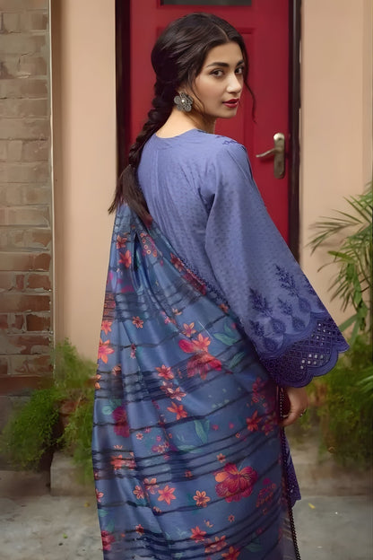 Jazmin - 3PC Unstitched Lawn Chicken Kari Embroidered Shirt with Printed Slub Net Dupatta