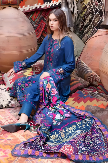 Maria B - 3PC Unstitched Dhanak Embroidered Shirt with Digital Printed Dupatta and Trouser