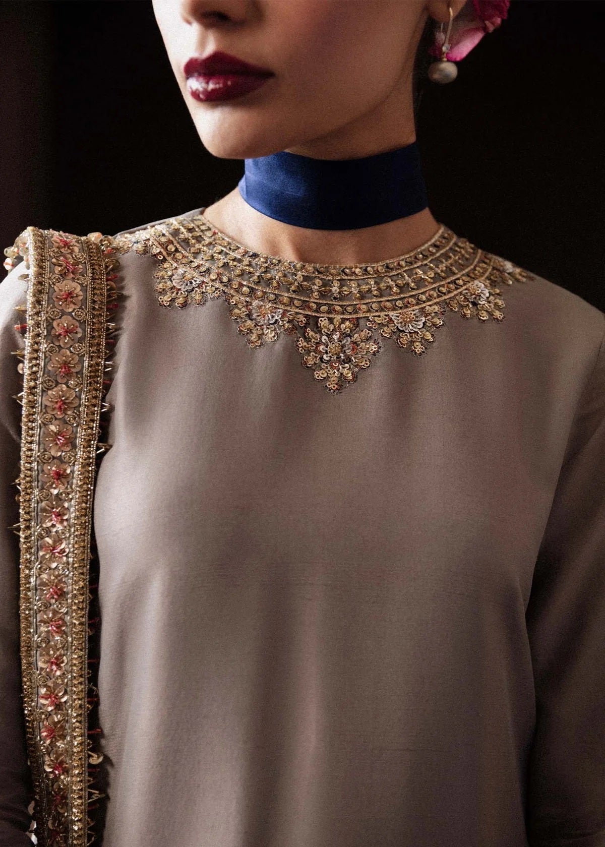 Hussain Rehar Luxury Raw Silk Embroidered 3Pc Unstitched Suit - Mist