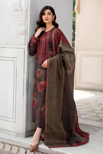 Baroque - 3PC Unstitched Printed Khaddar Shirt with Printed Khaddar Dupatta and Trouser