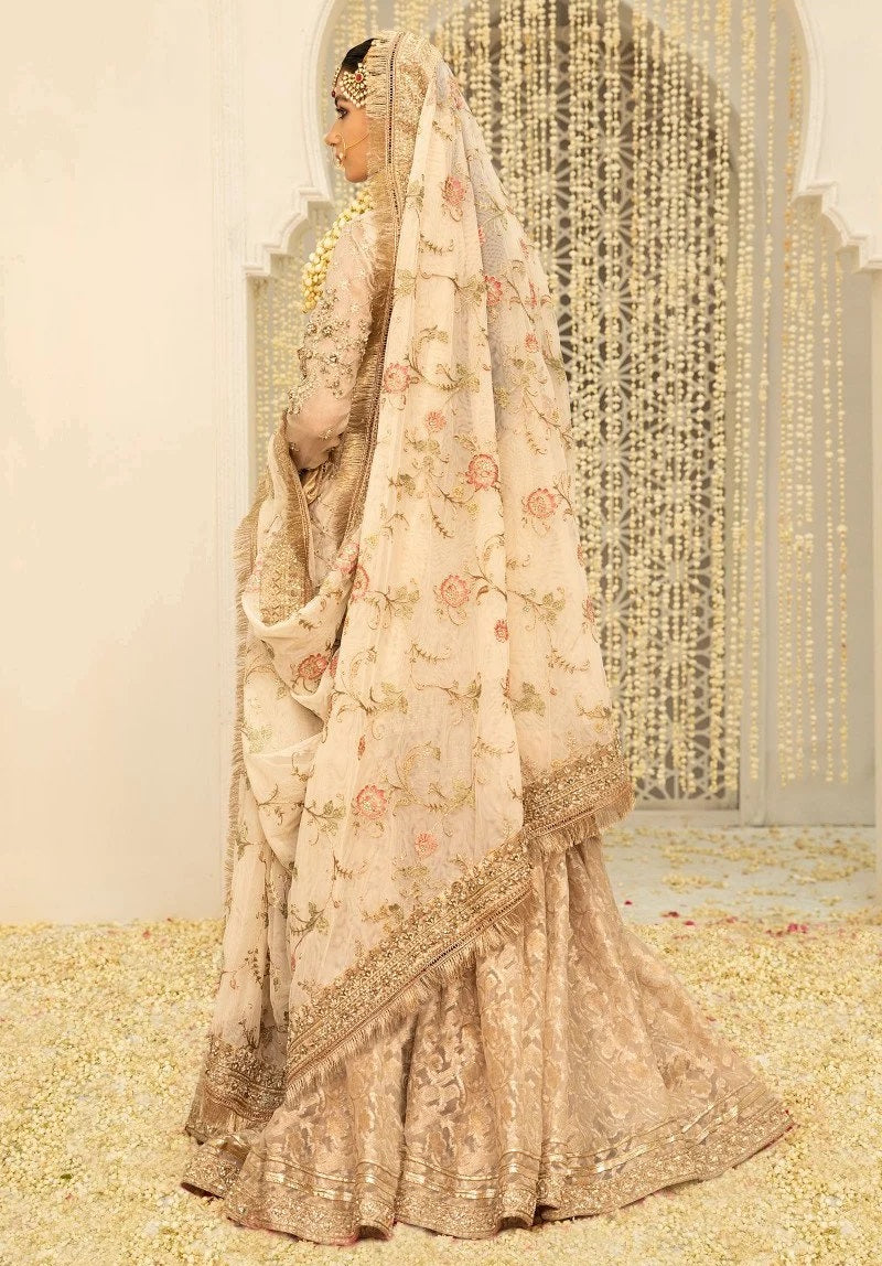 Maria.B Couture Ivory Gold Luxury Chiffon Embroidered 3Pc Unstitched Suit Fully Hand Work