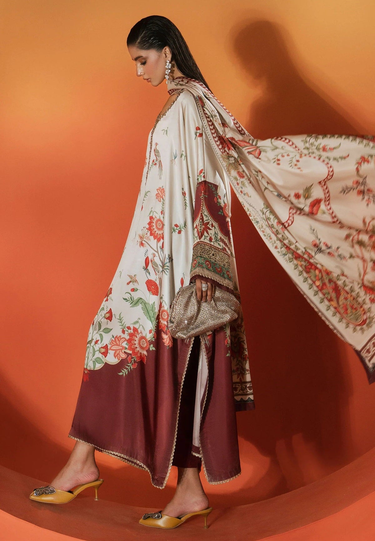 Maria.B 03R1 - Beige and Maroon Luxury Silk Embroidered 3Pc Unstitched Kaftan Suit