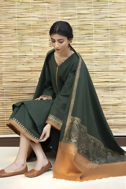 Zarpash - 3PC Unstitched Dhanak Neckline Embroidered Shirt with Digital Printed Dupatta and Trouser
