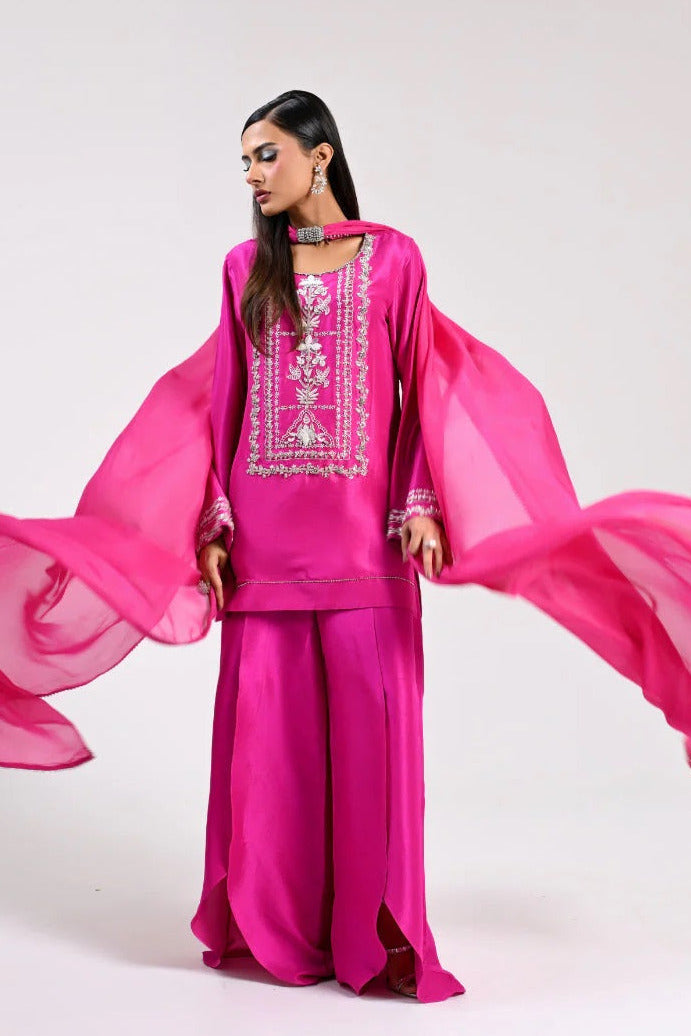 Huma Mistry Luxury Tussle Silk Embroidered Unstitched 3PC Suit - Fuchsia Flame