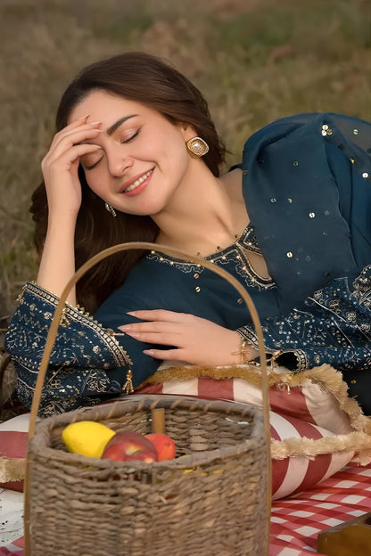 Allys - 3PC Lawn Sequence Embroidered Shirt with Sequence Embroidered Organza Dupatta (Unstitched)