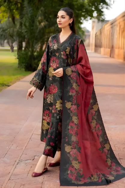 Baroque - 3PC Unstitched Printed Khaddar Shirt with Printed Khaddar Dupatta and Trouser