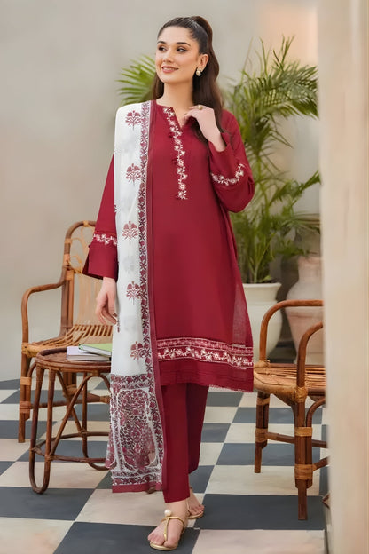 ZIVA - 3PC Unstitched Khaddar Embroidered Shirt with Tissue Silk Dupatta and Plain Trouser