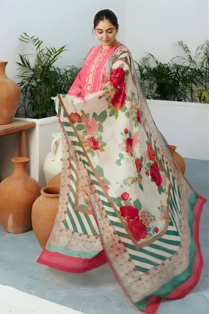 Zara Shah Jahan - 3PC Unstitched Lawn Embroidered Shirt Front and Back with Digital Printed Silk Dupatta and Embroidered Trousers