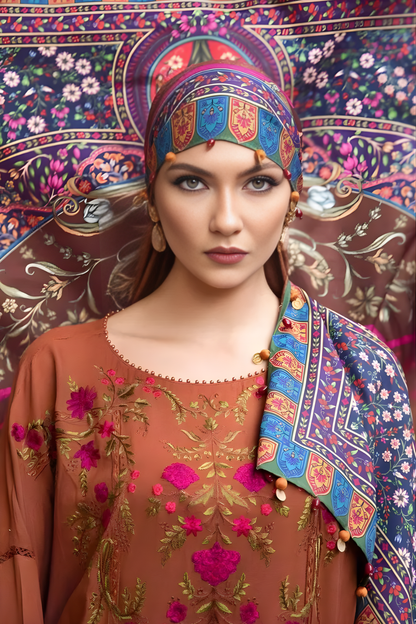 Maria B - 3PC Unstitched Dhanak Embroidered Shirt with Digital Printed Dupatta and Trouser