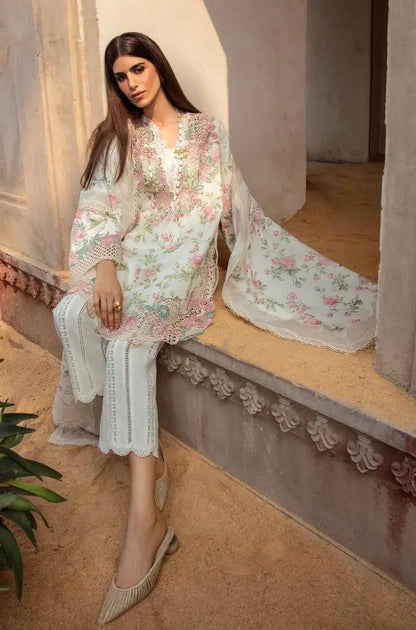 Crimson - 3PC Unstitched Lawn Printed + Embroidered Shirt with Printed Silk Dupatta and Embroidered Trouser
