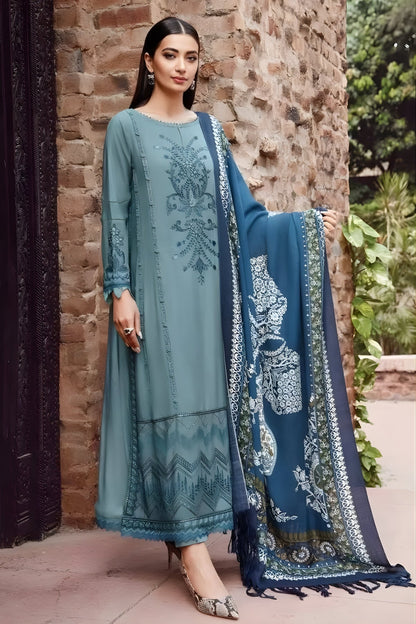 Maria B - 3PC Unstitched Dhanak Embroidered Shirt with Digital Printed Dupatta and Trouser