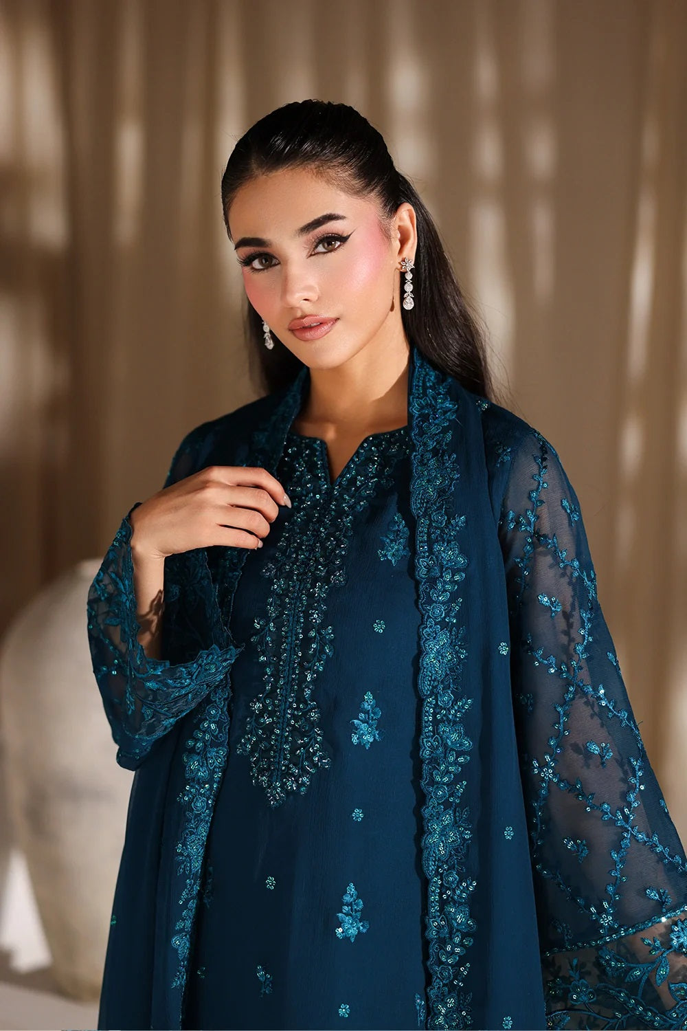 Azure Luxury Chiffon Embroidered 3Pc Unstitched Suit - Majestic Teal