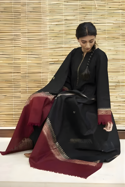 Zarpash - 3PC Unstitched Dhanak Neckline Embroidered Shirt with Printed Dupatta and Trouser