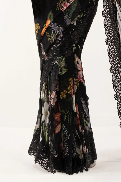 Maria B Luxury Chiffon Embroidered 3Pc Unstitched Suit SF - Black