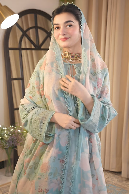 Aneelas - 3PC Unstitched Lawn Embroidered Shirt with Digital Printed Dupatta and Trouser