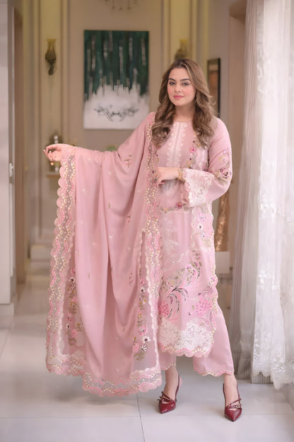 Aneelas - 3PC Unstitched Lawn Embroidered Shirt with Khaddi Net Embroidered Dupatta and Trouser