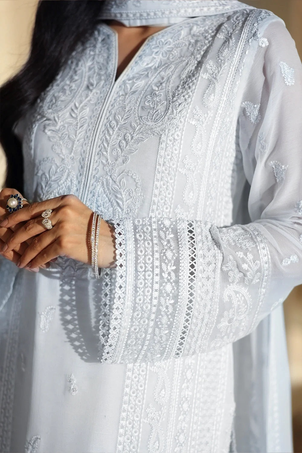 Azure Luxury Embroidered Chiffon 3Pc Unstitched Suit - Ice Serenity